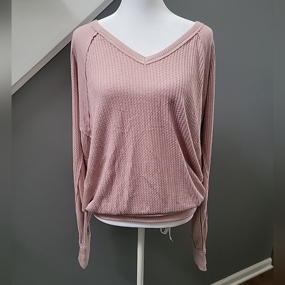 Free People Womens Mauve Santa Clara Thermal V-neck Top Sz M Oversized Casual - Picture 3 of 7